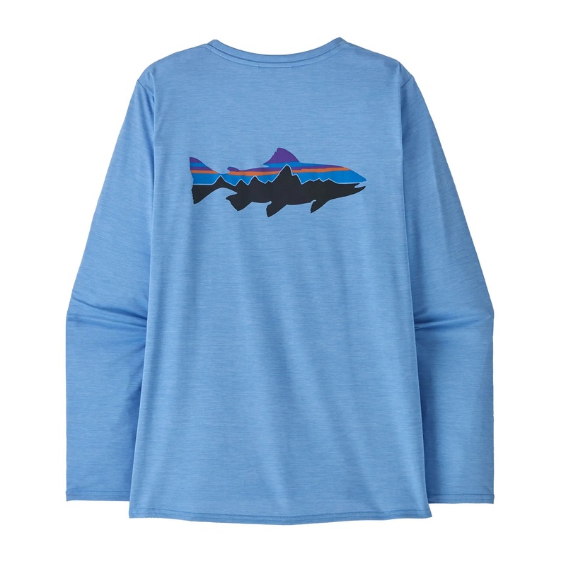 Patagonia W’s L/S Capilene Cool Daily Graphic Shirt – Waters – DQ Boardshort Logo: Current Blue X-Dye / BLCX XS